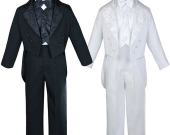 New Baby Toddler Boys WHITE or BLACK Formal Baptism Communion Wedding Ring Bearer Formal Occasion 5 pieces Tail Suit Tuxedo BY011