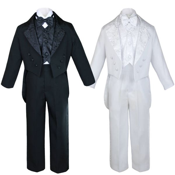 New Baby Toddler Boys WHITE or BLACK Formal Baptism Communion Wedding Ring Bearer Formal Occasion 5 pieces Tail Suit Tuxedo BY011