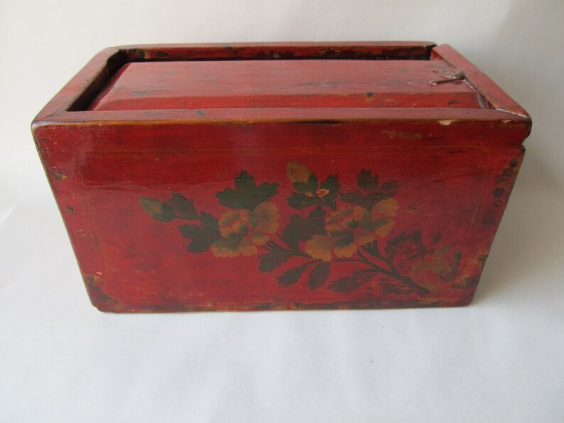 Decorative Primitive Red Wooden Box With Sliding Lid Wooden Box With Sliding Lid
