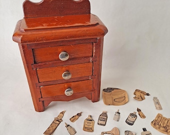 Rare, Vintage 1941 Miniature Dresser with Wooden Drawers and Vintage Catalog Cut-outs