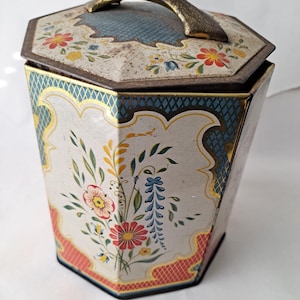 Vintage Octagon Shaped Tin with Floral Design Canister Made In West Germany