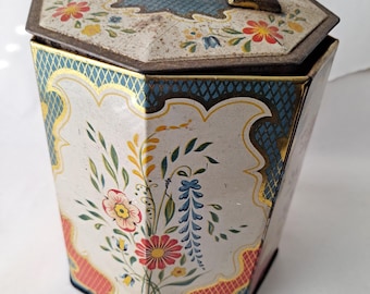 Vintage Octagon Shaped Tin with Floral Design Canister Made In West Germany