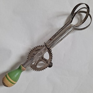 Antique 1923 A&J Green Handled Egg Beater or Hand Mixer