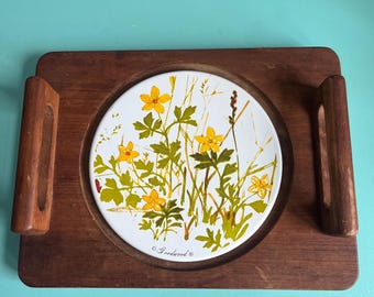 Vintage Goodwood Teak Trivet with Handles, Floral Pot Holder