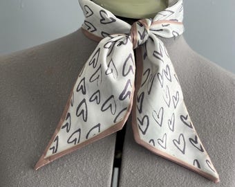 Vintage Upcycled Skinny Scarf - Off White Grey Hearts
