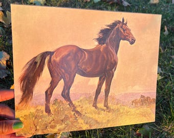horse litho painting//vintage horse painting//horse art//equestrian home painting