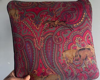 Vintage Equestrian Throw Pillow: Maroon Horse Show Scene