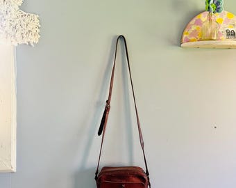 Vintage Brown Leather Shoulder Bag, Adjustable Strap, Boxy Shape