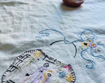 Vintage Hand Embroidered Linen Tablecloth: Floral Lady Design