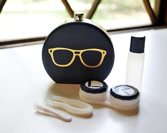 Black Contact Lens Case and Travel Kit: Gold Foiled Eye Glasses Design