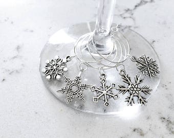 Set of 5 Antique Silver Snowflake Holiday Cocktail & Wine Glass Charms