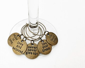 Set of 5 Antique Gold Inspirational Quote Cocktail & Wine Glass Charms