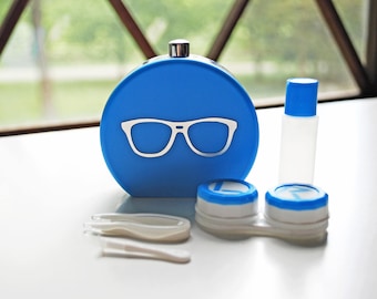 Blue Contact Lens Case and Travel Kit: Silver Foiled Eye Glasses Design