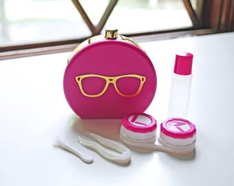 Pink Contact Lens Case and Travel Kit: Gold Foiled Eye Glasses Design