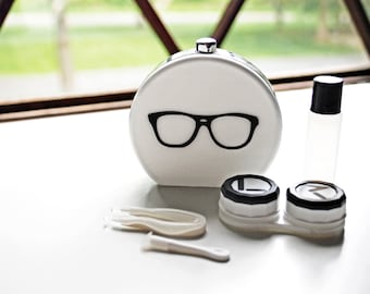 White Contact Lens Case and Travel Kit: Black Eye Glasses Design