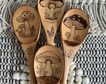 4 Designs/Hand Burned Mushroom Spoon/Wooden Kitchen Cooking Spoon with Mushrooms/12" Wooden Handle