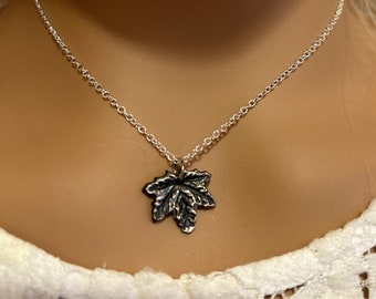 99.9% pure silver maple leaf necklace charm/Oxidized silver maple leaf necklace/18" sterling silver chain