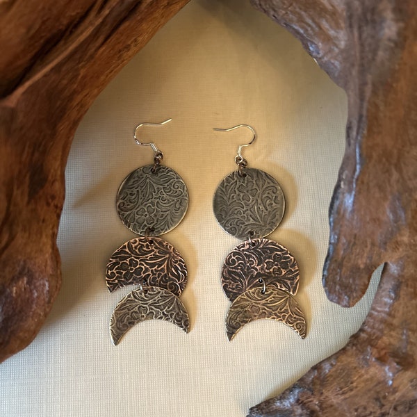 Floral Embossed Etched Mixed Metal Trio Moon Phase Earrings/Nickel, Copper & Brass/925 Sterling Silver French Ear Wires