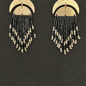 Fringe Tassel Boho Dangle Earrings/Celestial Fringe Earrings/Moon Earrings with Beaded Fringe/24K Gold Plated Ear Hooks