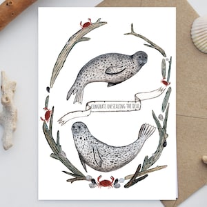 Congratulazioni per aver concluso l'affare - Biglietto di auguri con foca comune - Biglietto di fidanzamento - Biglietto di nozze - Biglietto di conseguimento - Biglietto di laurea