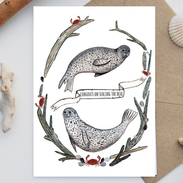 Congrats on sealing the deal - Harbor Seal Greeting card - Engagement Card - Wedding Card - Achievement Card - Graduation Card