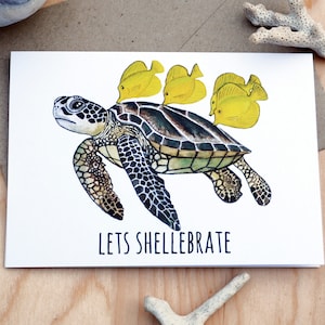 Let's shellebrate - wenskaart groene zeeschildpad - verjaardagskaart - trouwkaart - afstudeerkaart - gelegenheidskaart