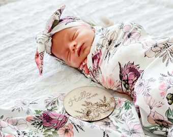 Bebé Swaddle Stretch Jersey Manta / Baby Wrap Matilda Australian Floral / Nudo superior a juego / Manta receptora / Jersey Stretch Swaddle