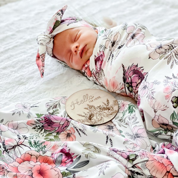 Couverture en jersey extensible emmaillotée pour bébé | Écharpe de portage Matilda Floral australienne | Nœud supérieur assorti | Couverture pour bébé | Lange extensible en jersey