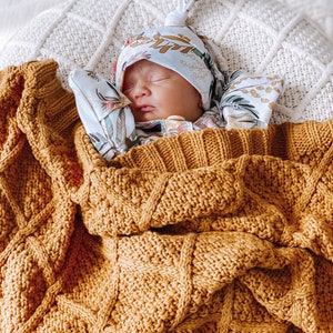 Honey Mustard Gold Knitted Baby Blanket Diamond Knit Nursery Decor | Knitted Baby Girl Boy Blanket Nursery Bedding