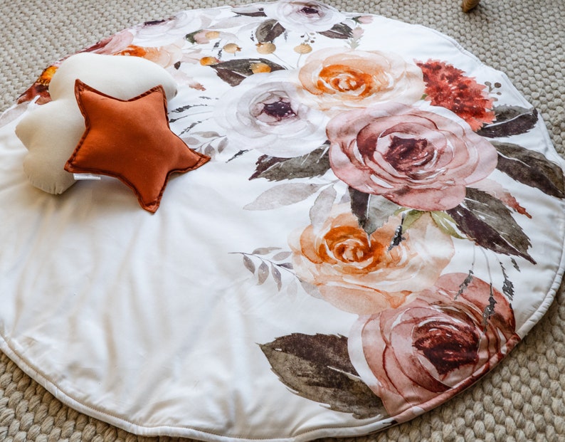 Round Playmat Baby Nursery Throw Rug White Large Floral Blithe Etsy
