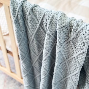 Cornflower Blue Knitted Baby Blanket Diamond Knit Nursery Decor | Baby Throw Blanket, Crib blankets for baby girl boy | Organic Cotton Baby