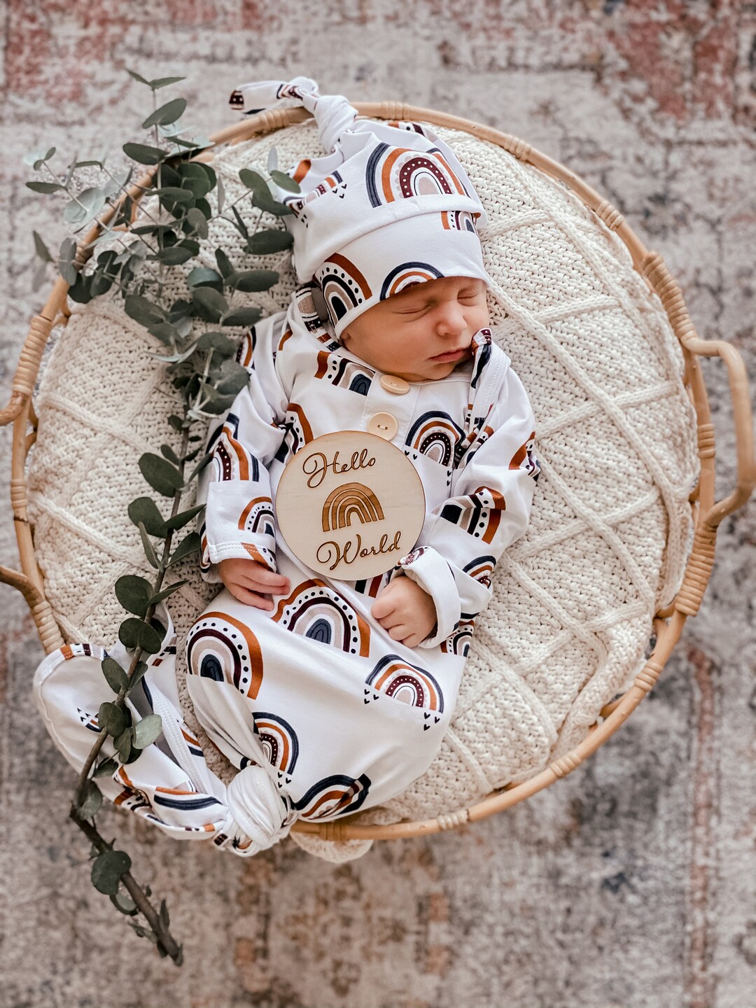 Newborn Knotted Gown Knot Gown Baby Announcement Photos Rainbow Dusk Gown and Beanie Set Baby Coming Home Receiving Blanket Etsy Canada