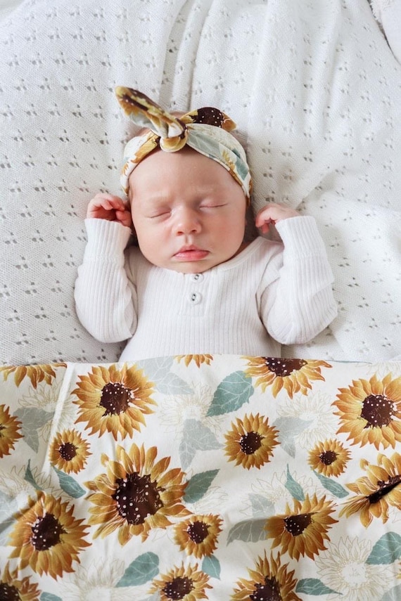 Baby Swaddle Stretch Wrap Blanket Set With Matching Top Knot Baby Wrap  Sunflower Baby Girl Sunflowers Baby Receiving Blanket Jersey 