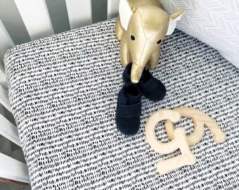 Baby Cot / Crib Fitted Sheet Monochrome Dash Dots Black and white Nursery Bedding Baby Girl