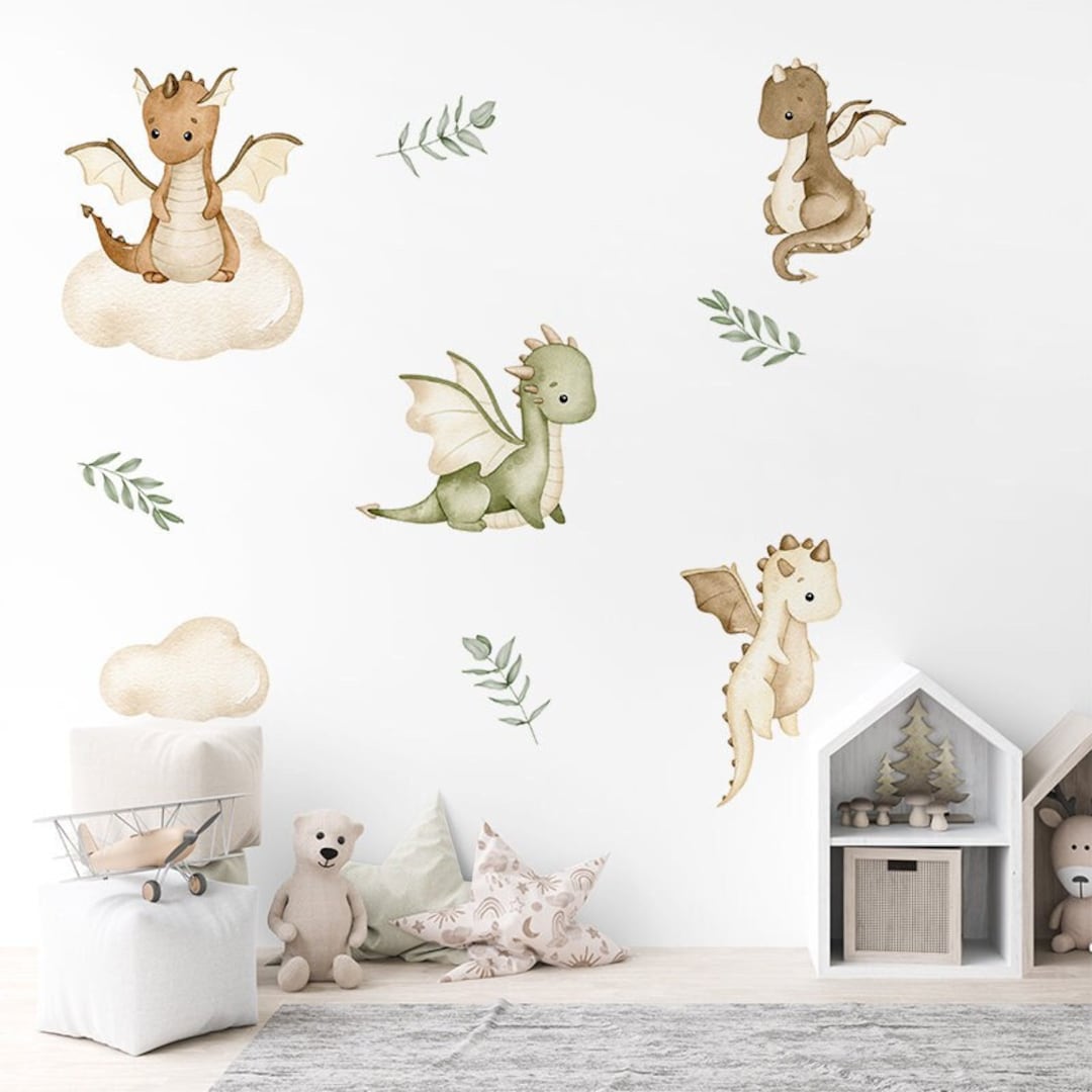 Dragon Stickers Watercolor Cartoon Dragon Dinosaurs Cloud Tree Wall  Stickers For Baby Nursery Room Decoration Kids Room Wall Decals PVC Dragon  Wings, image size:1080x1080