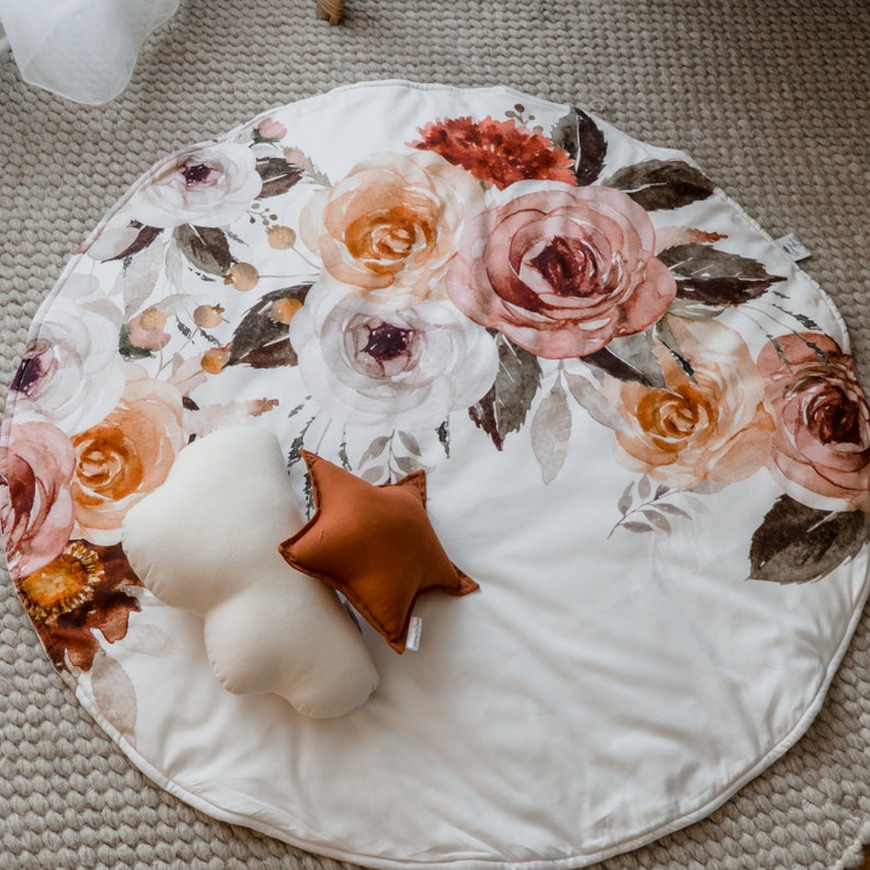 Round Playmat Baby Nursery Throw Rug White Large Floral Blithe Etsy