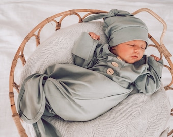Newborn Knotted Gown | Knot Gown | Baby Announcement Photos | Sage Green plus matching beanie | Gown and Beanie Set