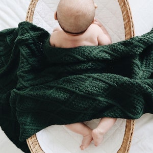 Forest Green Knitted Baby Blanket Diamond Knit Nursery Decor | Baby Throw Blanket, Crib blankets for baby girl boy.