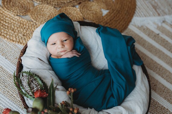 Baby Swaddle ORGANIC Stretch Blanket With Matching Beanie Baby Wrap Blue Ocean Harbor Blue Baby Boy Baby Receiving Blanket Jersey Etsy Canada