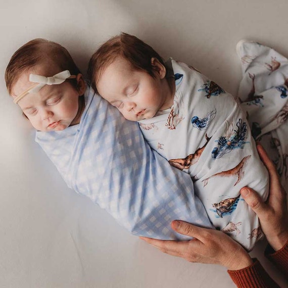 Baby Swaddle Stretch Jersey Blanket Baby Wrap Cornflower Blue Gingham Matching Knotted Beanie Jersey Swaddle Wrap Receiving Blanket Etsy Australia