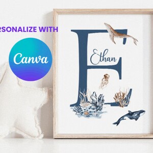 Personalizado NURSERY Carta NOMBRE Impresiones de ARTE de pared, Animales del océano, Impresión de pared, Guardería para bebés, Decoración de guardería de arte de pared imprimible para habitación de niños