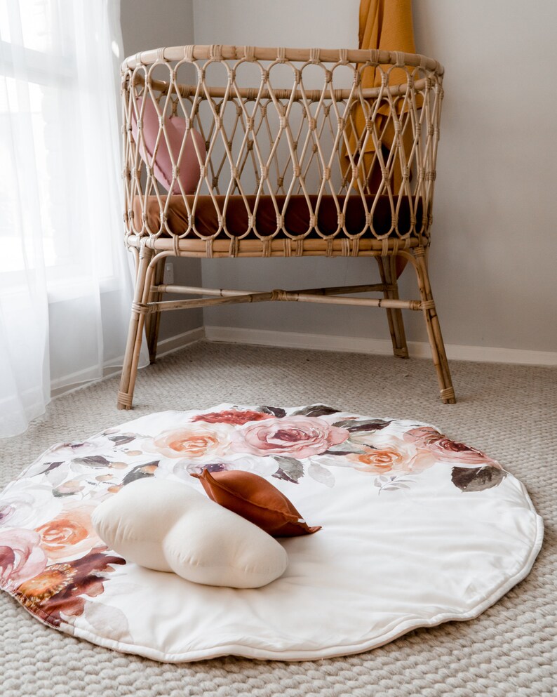 Round Playmat Baby Nursery Throw Rug White Large Floral Blithe Etsy