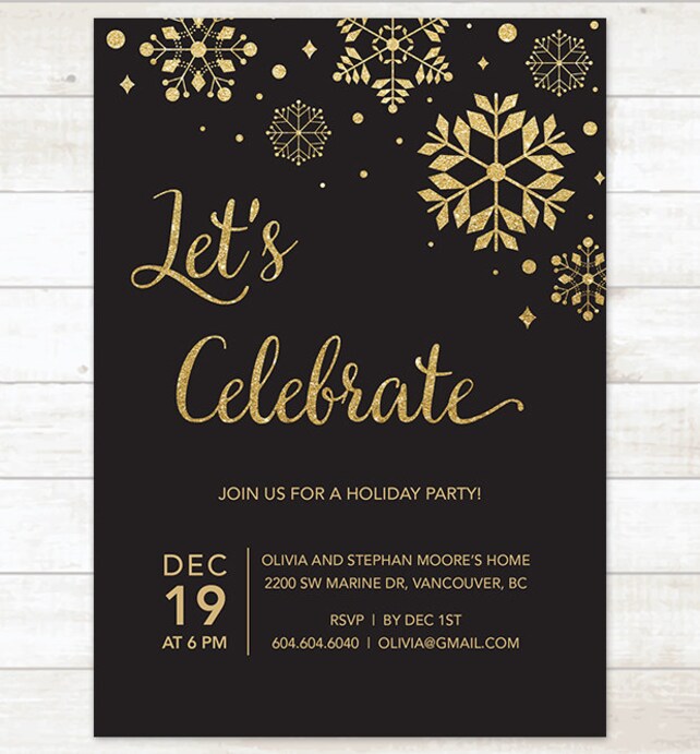 Black Gold Holiday Party Invitation Printable Snowflakes Black Gold