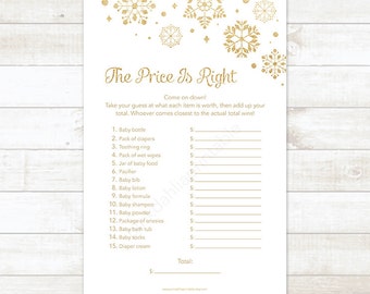 The Price Is Right Baby Shower Game , Winter Baby Shower, Gold Glitter Snowflakes Gender Neutral Baby Price Is Right - INSTANT DOWNLOAD