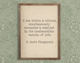 Cita de F Scott Fitzgerald - Cita inspiradora sobre la variedad de la vida - Impresión de arte literario - Autor de Flapper de la década de 1920 - Cita de la máquina de escribir de El gran Gatsby