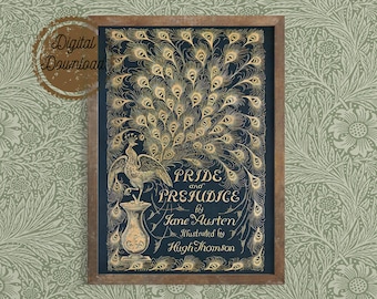 Digital Download - Vintage Book Cover Pride and Prejudice -  Victorian Classic Book - Nursery Decor - Peacock Literary Art - Jane Austen