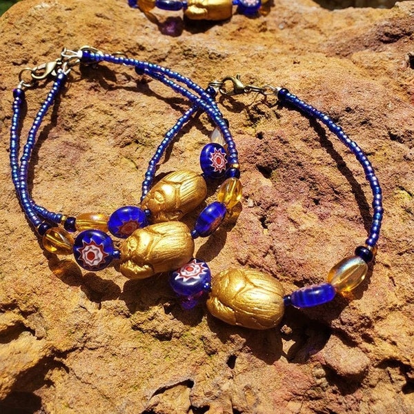 Egyptian scarab bracelet, gold scarab bracelet, blue Egyptian bracelet, Egyptian Charm bracelet, ancient civilization bracelet