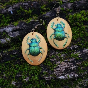 Scarab Earrings, Beetle earrings, Egyptian earrings,,Hand Painted scarab earrings. Faux mounted bug, faux Preserved scarab