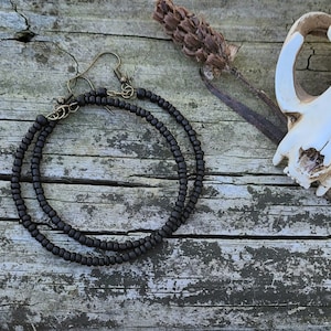 Matte black beaded hoop earrings, black hoop earrings, black witchy Earrings, bohemian Hoop Earrings, large hoop earrings