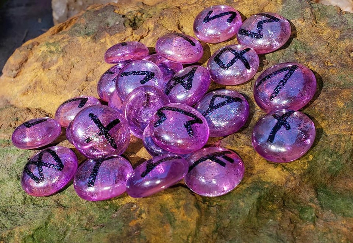 Purple Runes Painted Glass Runes Elder Futhark Rune Set Etsy